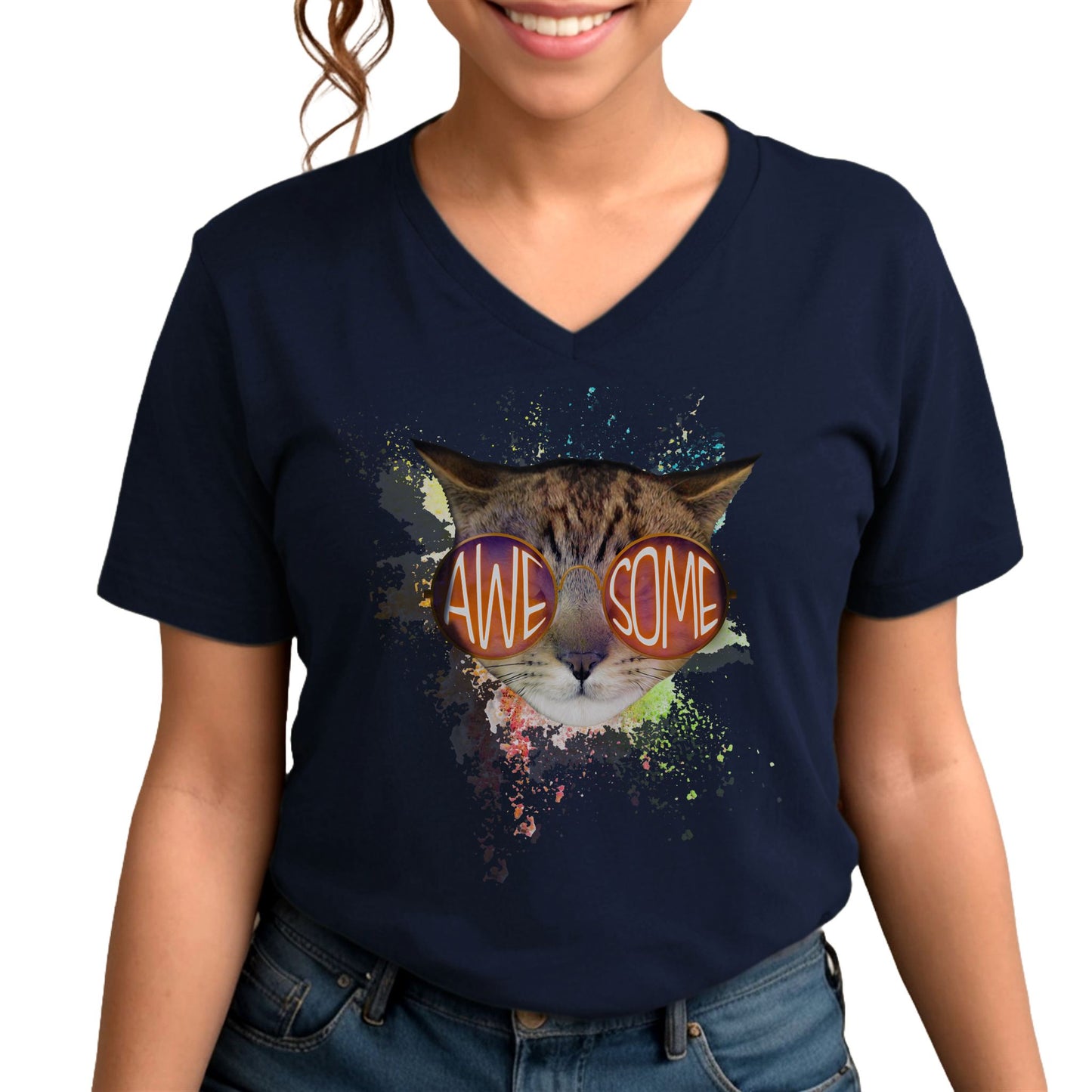 Navy Awesome Cat V-Neck T-Shirt