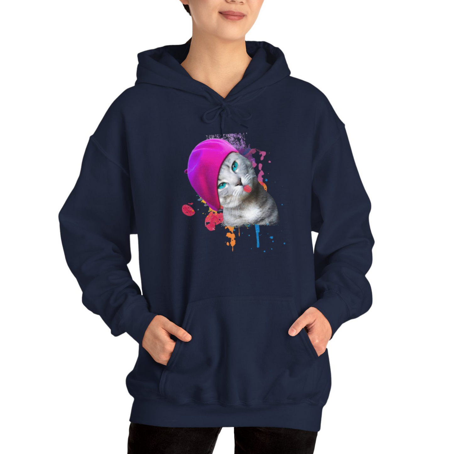 Navy Beret_Girl_Cat_Themed_Hooded_sweatshirt