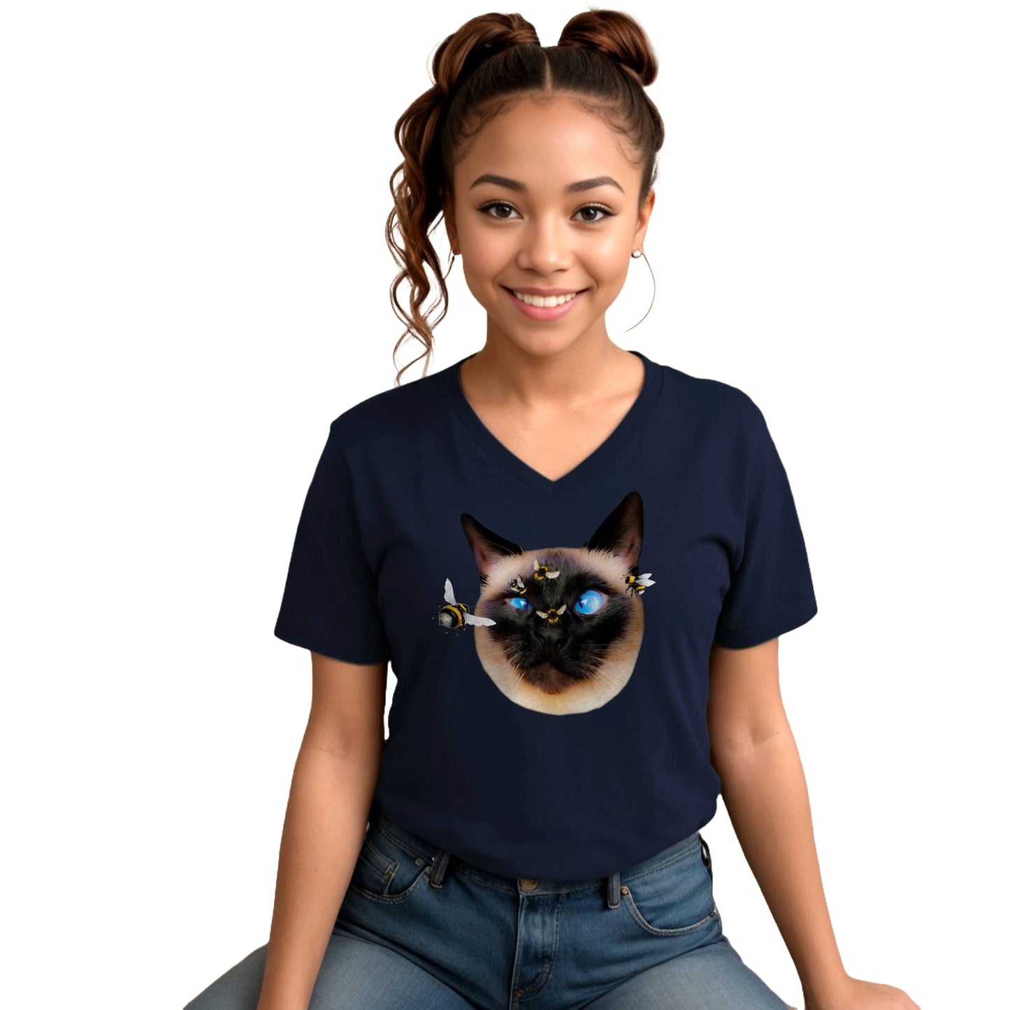 Navy Buzz Off Siamese Cat V-Neck T-Shirt