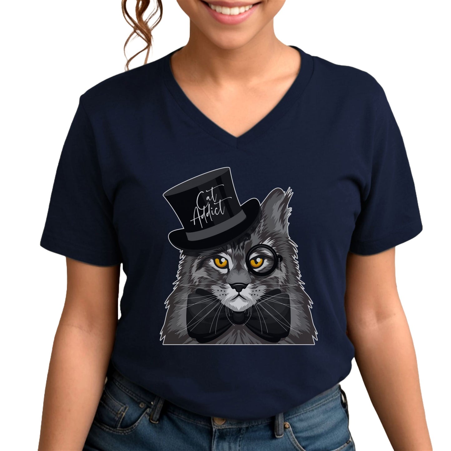 Navy Cat Addict V-Neck T-Shirt Maine Coon
