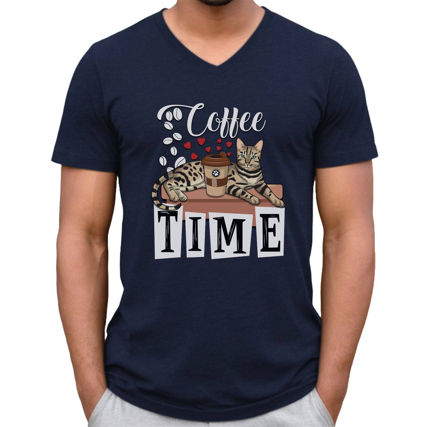Navy Coffee Beans & Love Hearts V-Neck Unisex T-Shirt Cat Themed