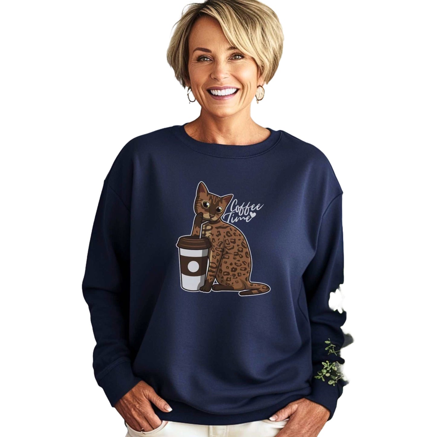 Navy Drinking Bengal Cat Unisex Sweatshirt