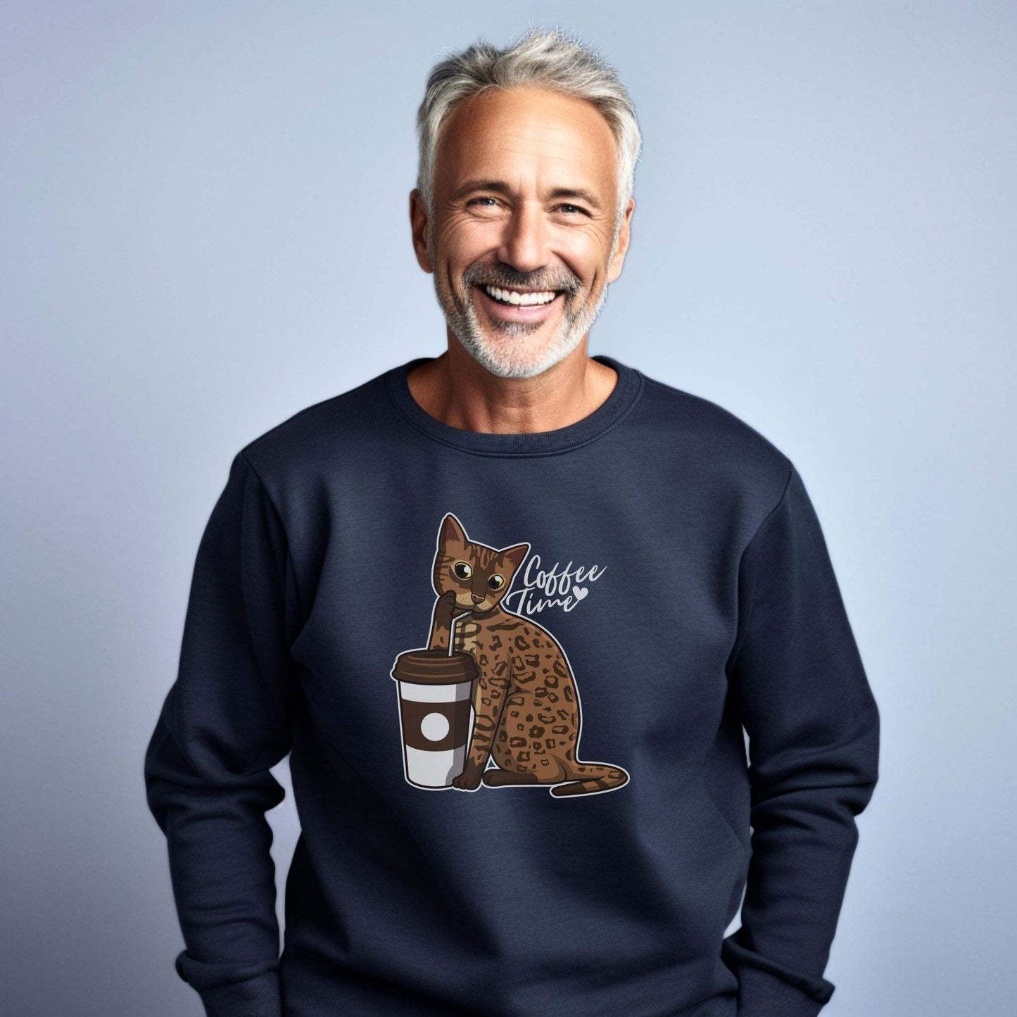 Navy Drinking Bengal Cat Unisex Sweatshirt