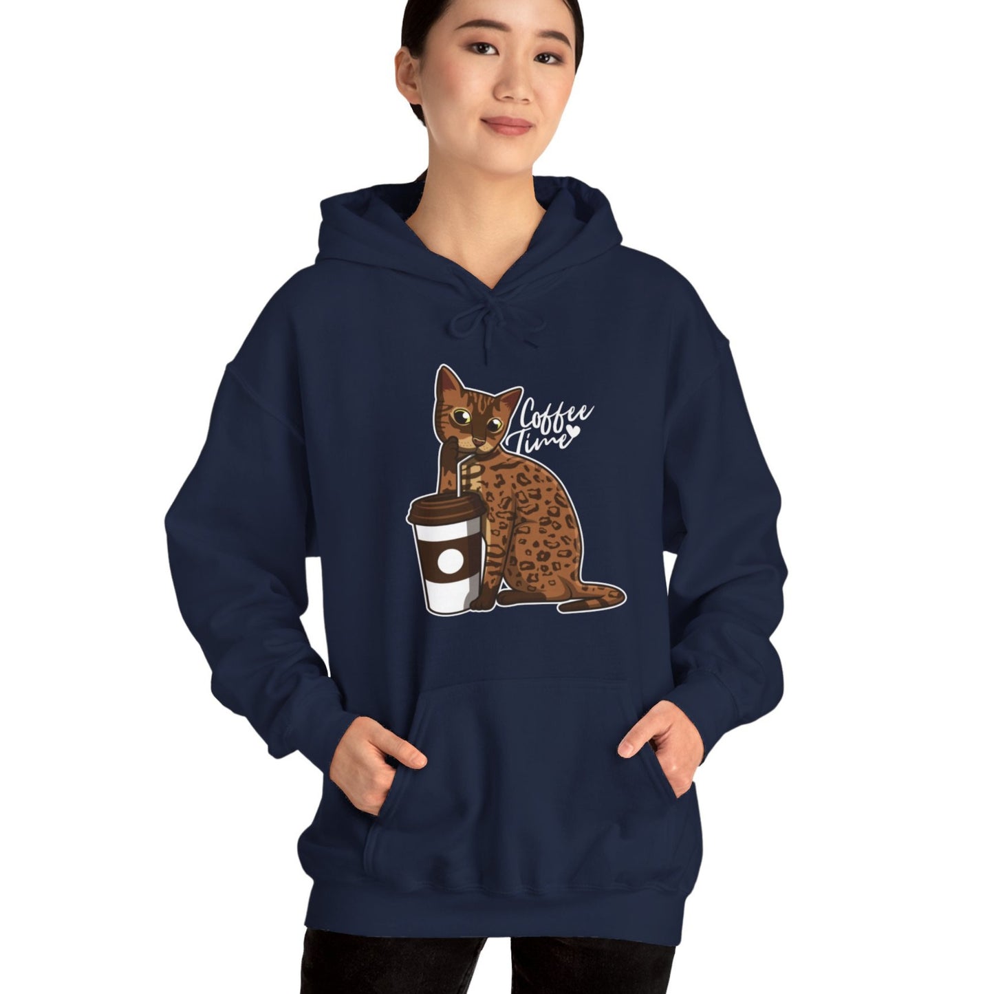 Navy Drinking Cat Hooded Sweatshirt Unisex