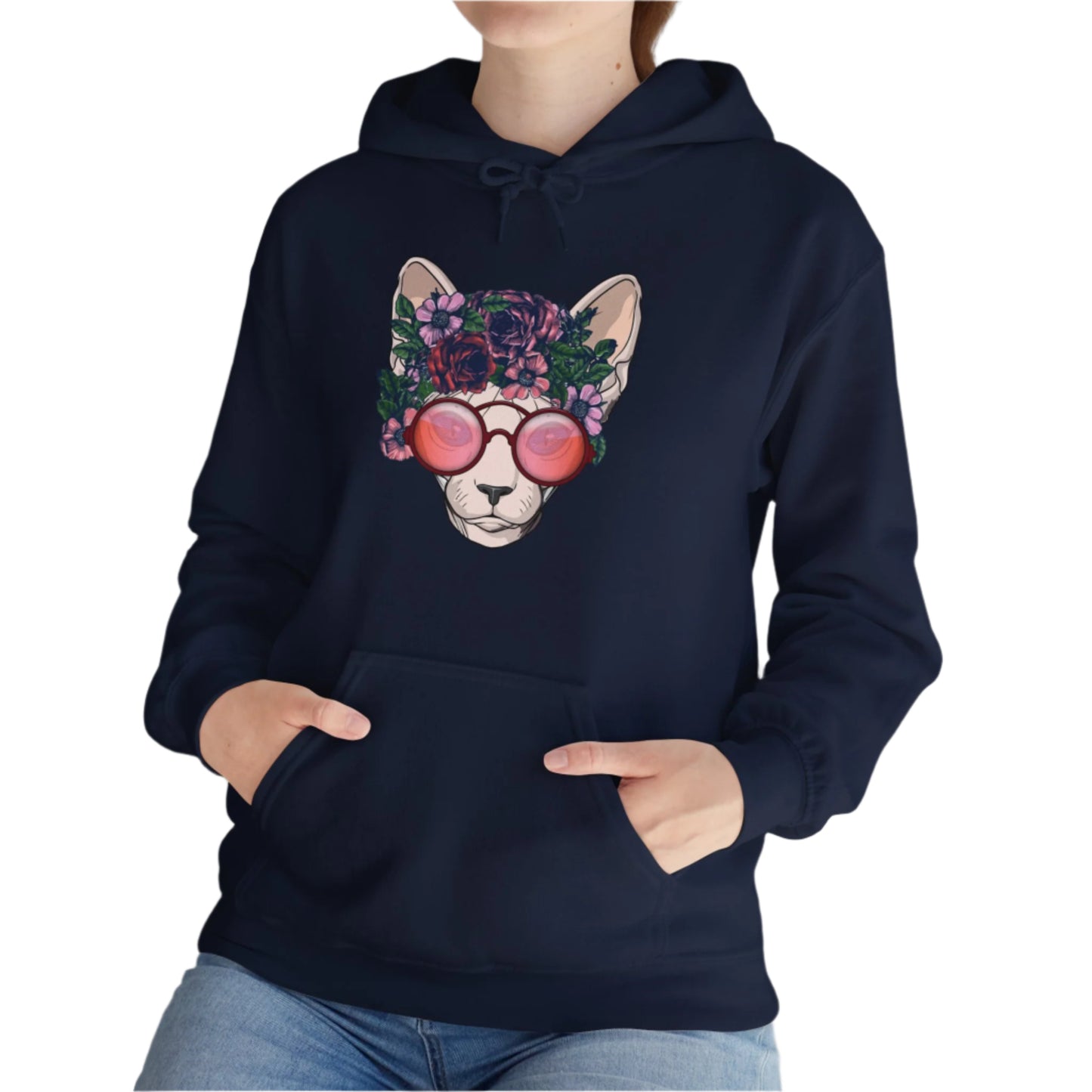 Navy Flower Sphynx Cat Hooded Sweatshirt Unisex
