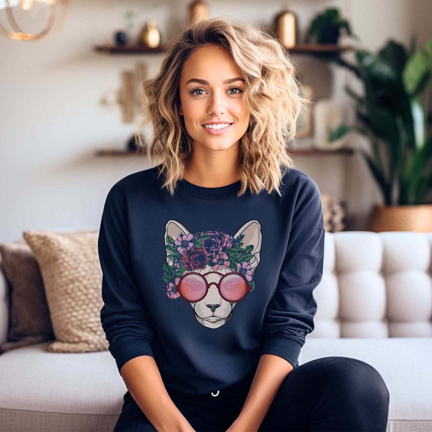 Navy Flower Sphynx Cat Themed Crewneck Unisex Sweatshirt