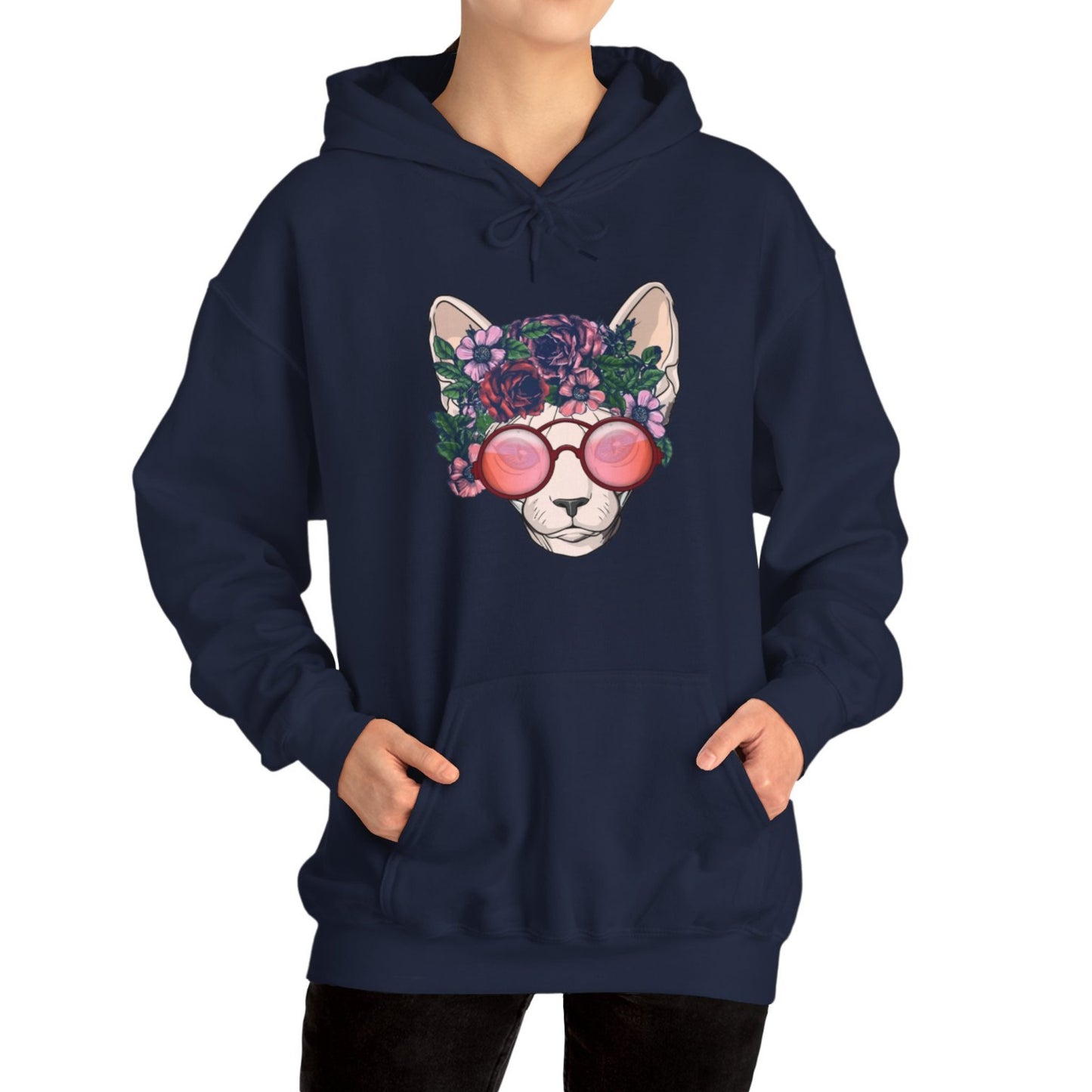 Navy Flower Sphynx Cat Hooded Sweatshirt Unisex
