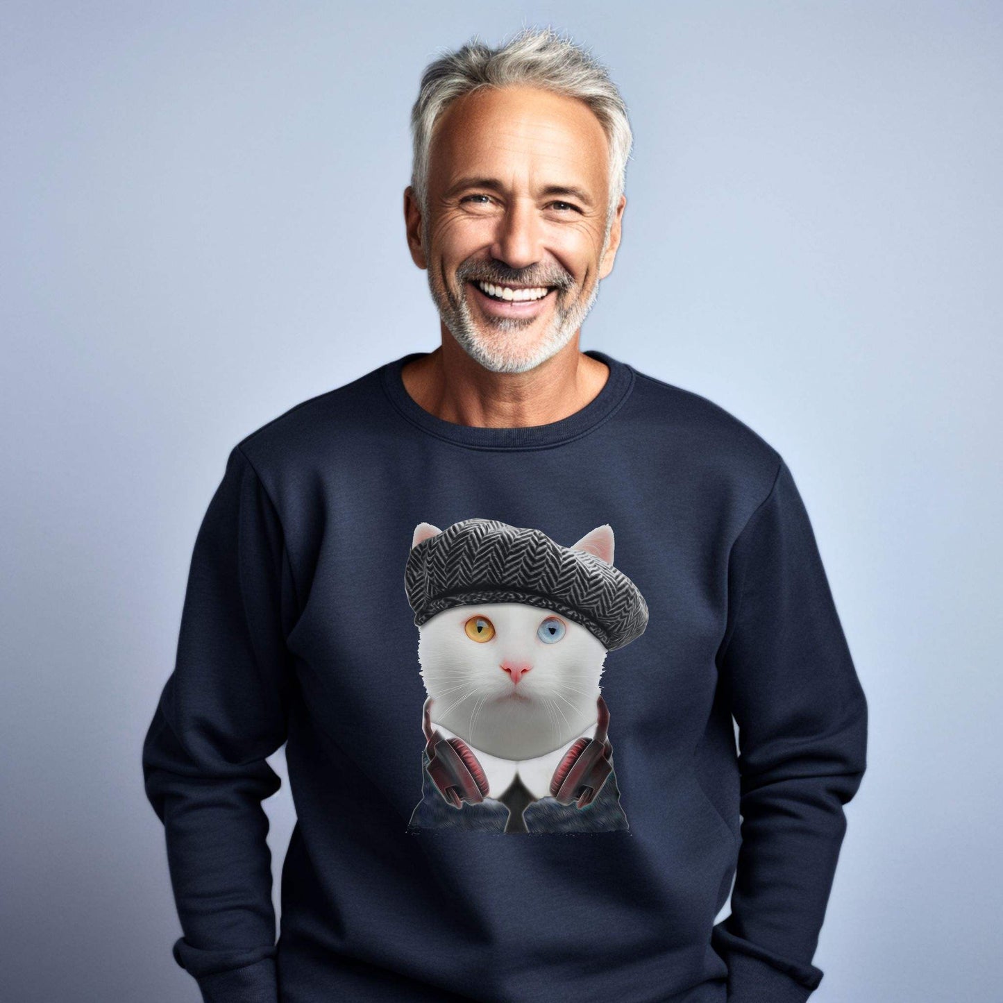 Navy Headphones Crewneck Cat Themed Unisex Sweatshirt