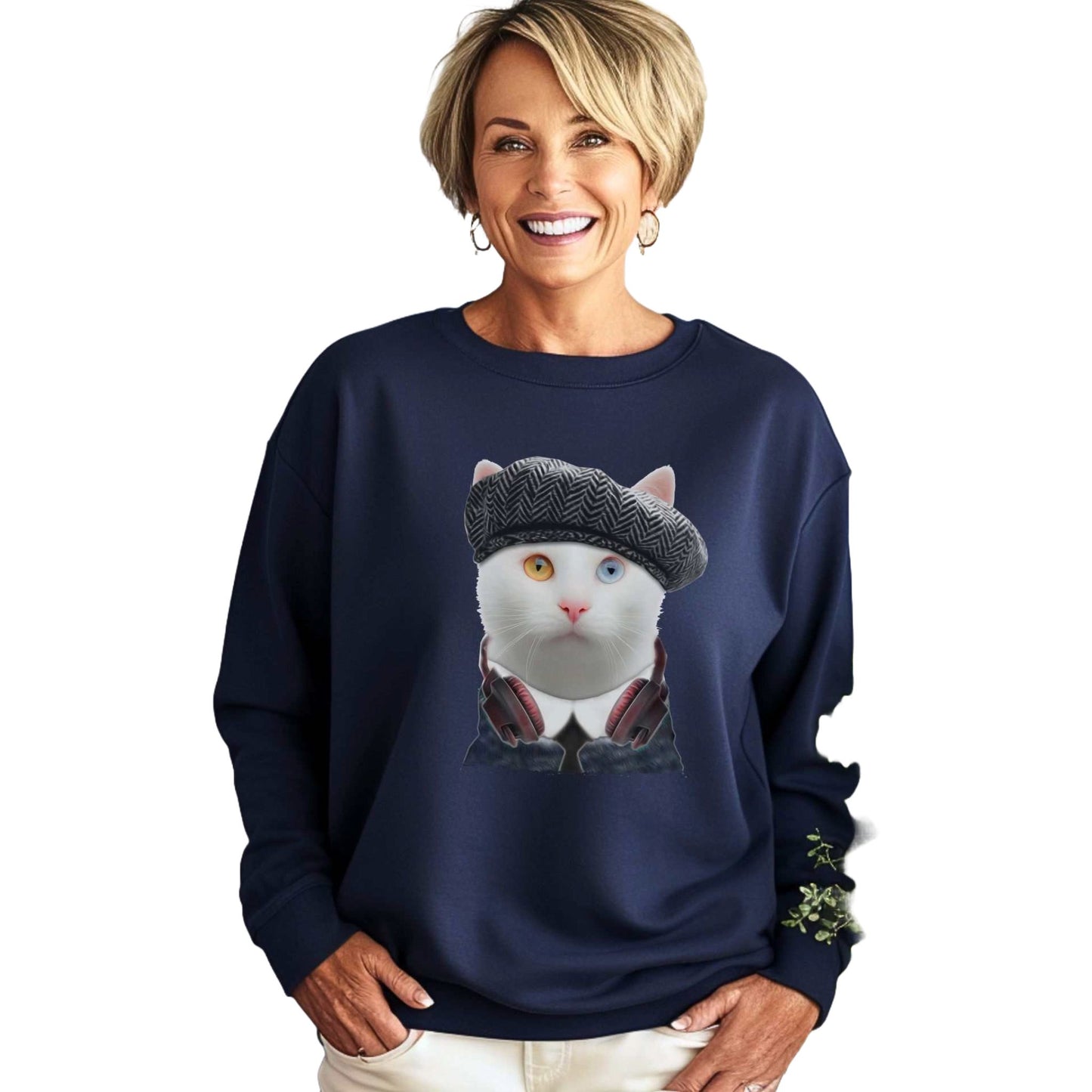 Navy Headphones Crewneck Cat Themed Unisex Sweatshirt