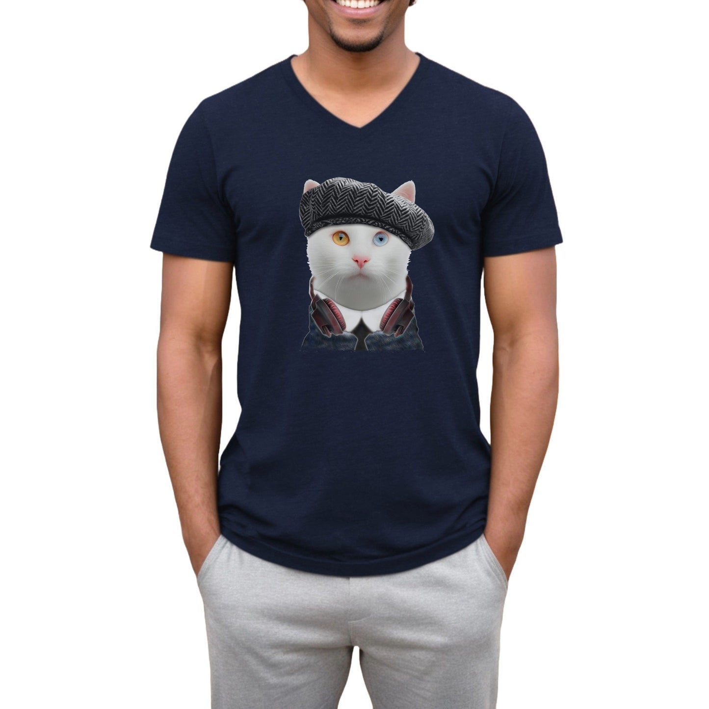 Navy Headphones T-Shirt Unisex V-Neck Cat Theme