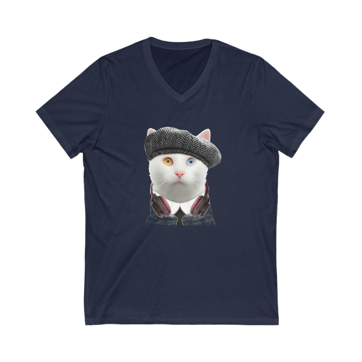 Navy Headphones T-Shirt Unisex V-Neck Cat Theme