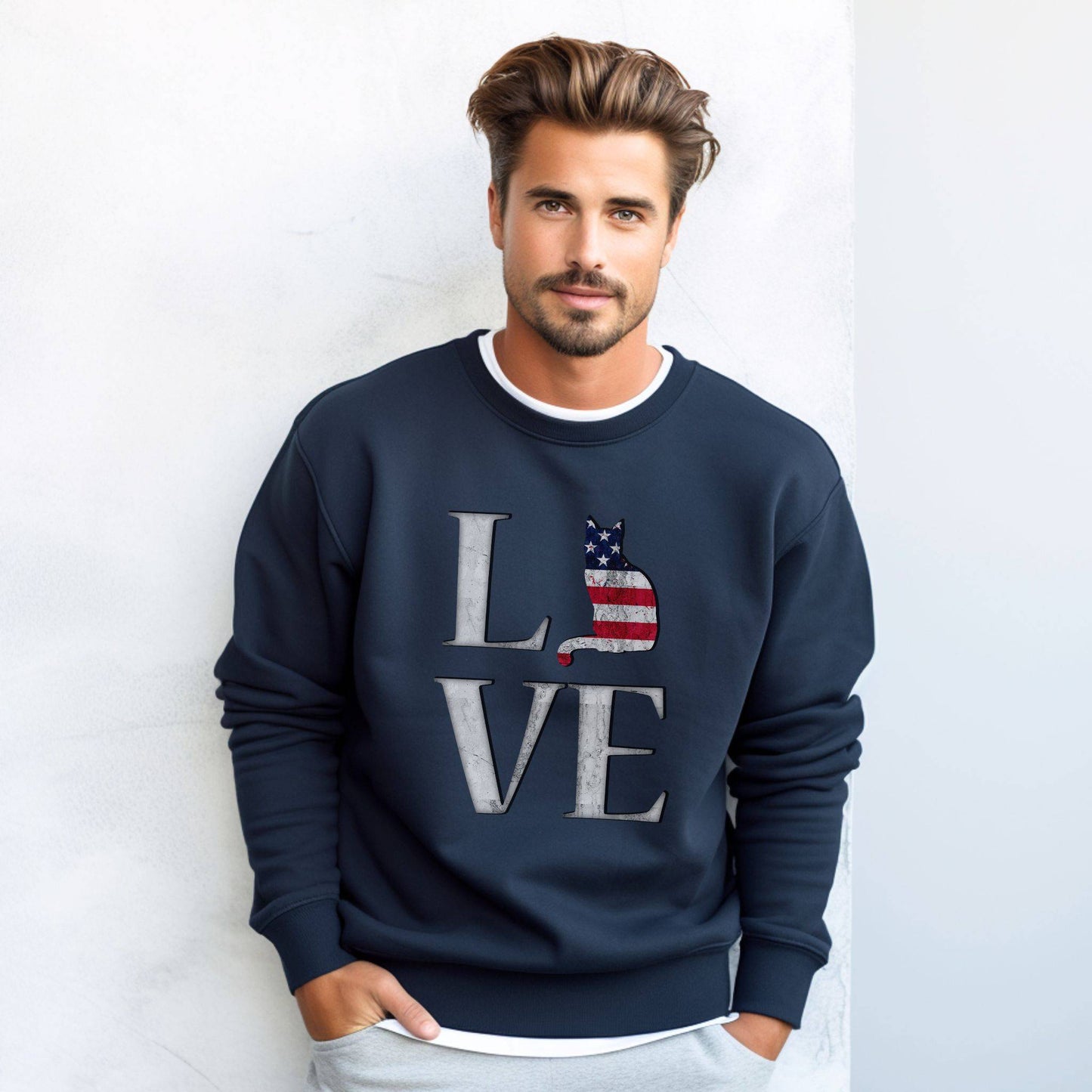 Navy LOVE USA Cat Themed Crewneck Unisex Sweatshirt