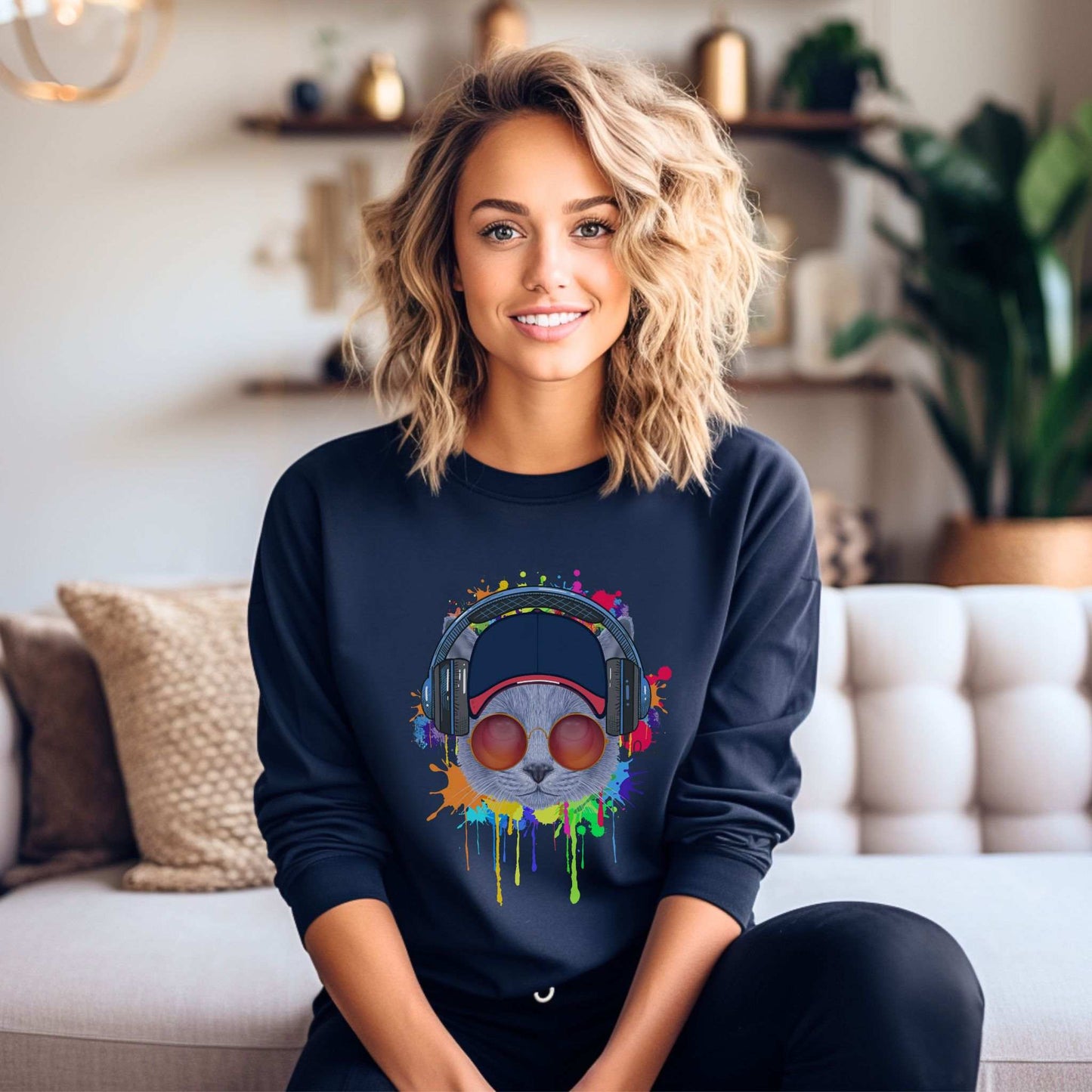 Navy Lost In Music Cat Themed Crewneck Unisex Sweatshirt