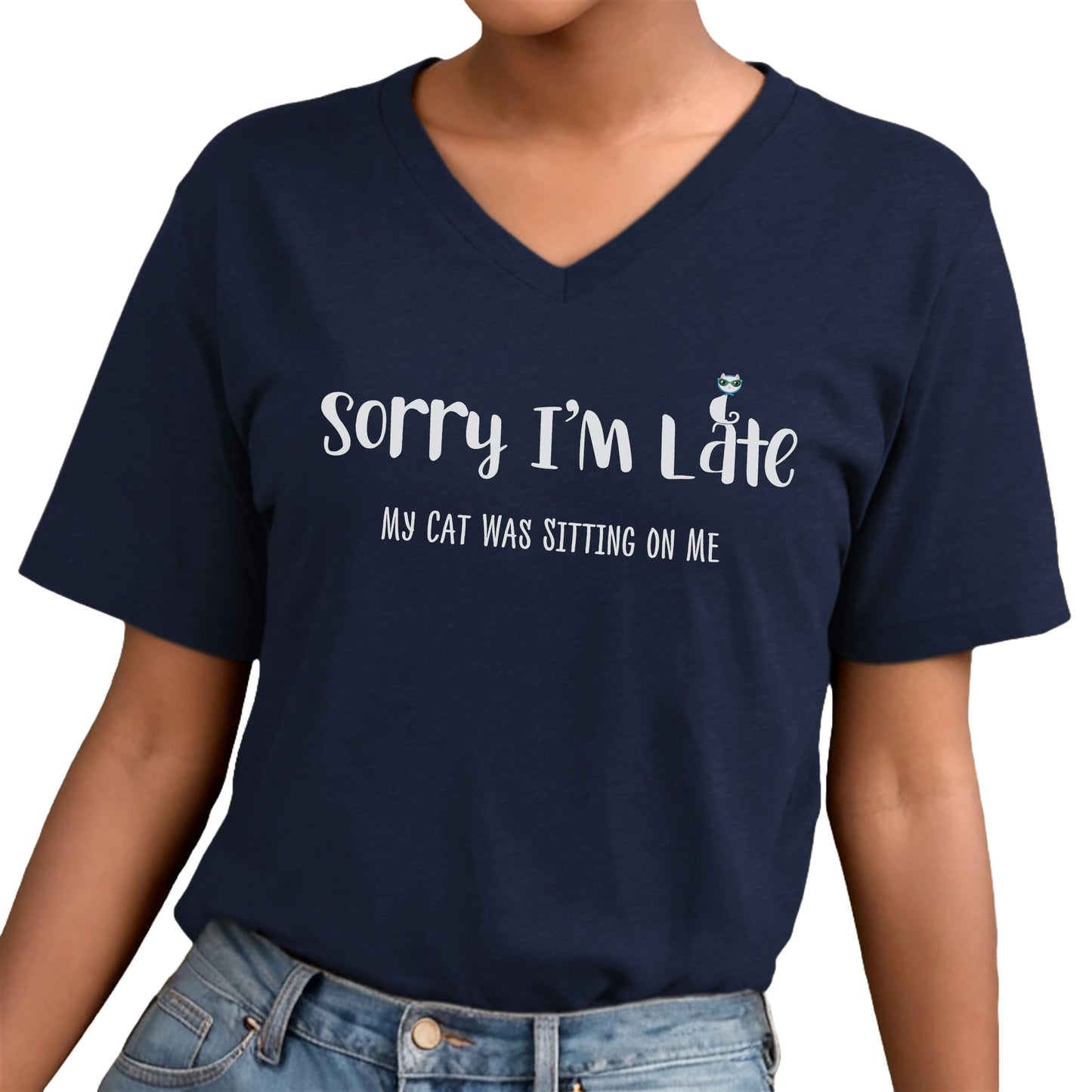 Navy My Cat Was Sitting n Me T-Shirt V-Neck Unisex