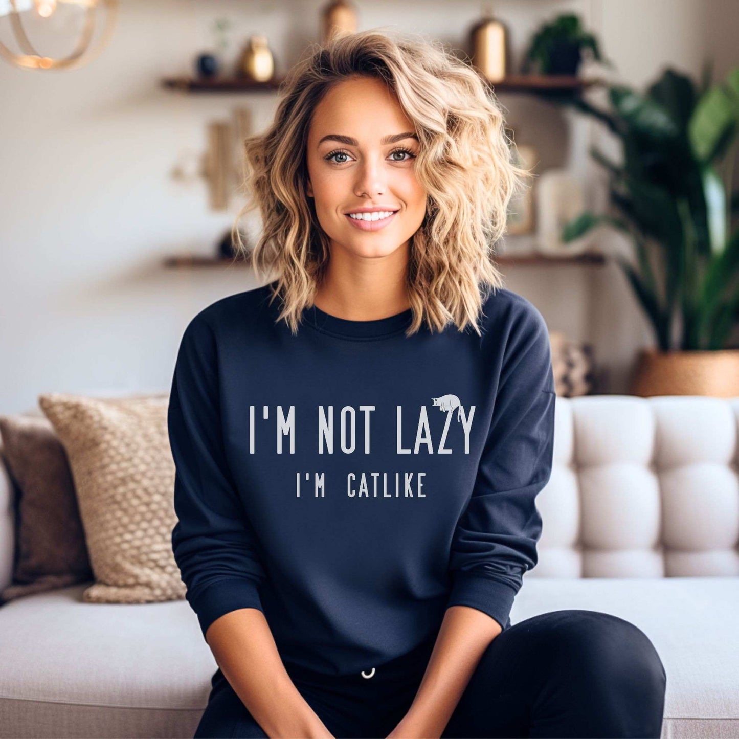 Navy Not Lazy Crewneck Unisex Cat Themed Sweatshirt