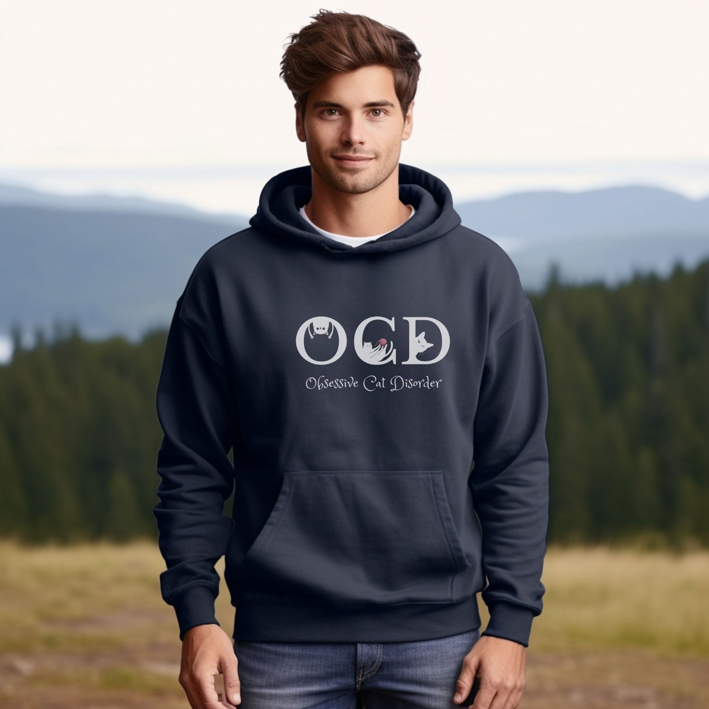 Navy OCD Cat Themed Unisex Hooded Sweatshirt