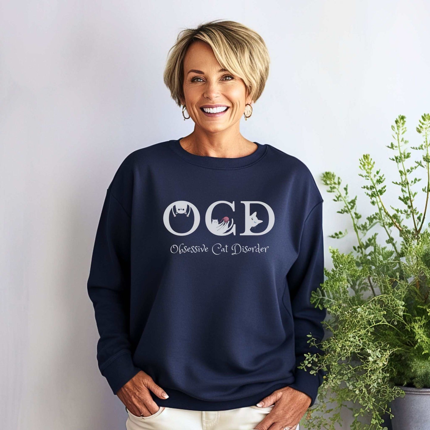 Navy OCD Crewneck Unisex Sweatshirt Cat Themed