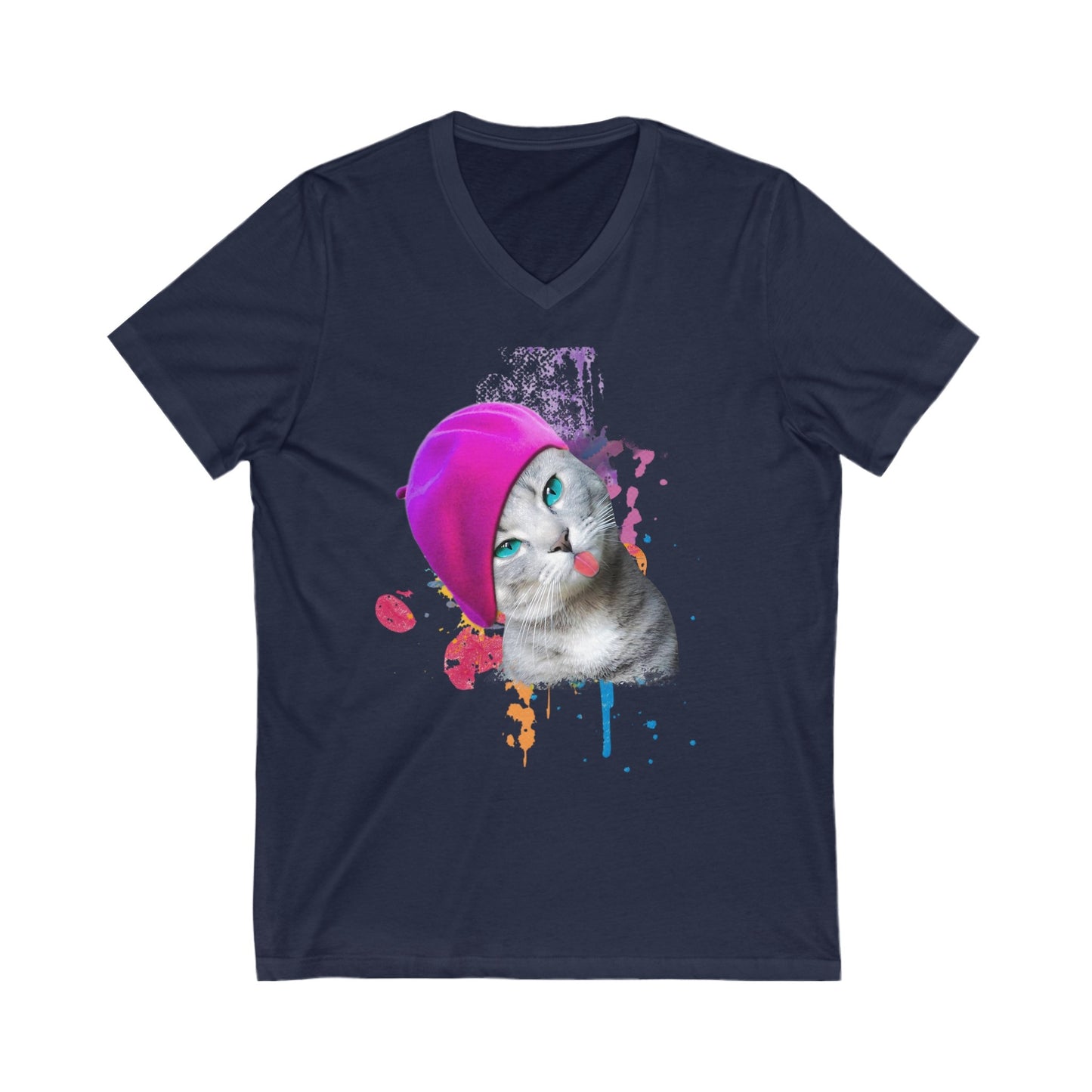 Navy Beret Girl Cat V-Neck T-Shirt Cat