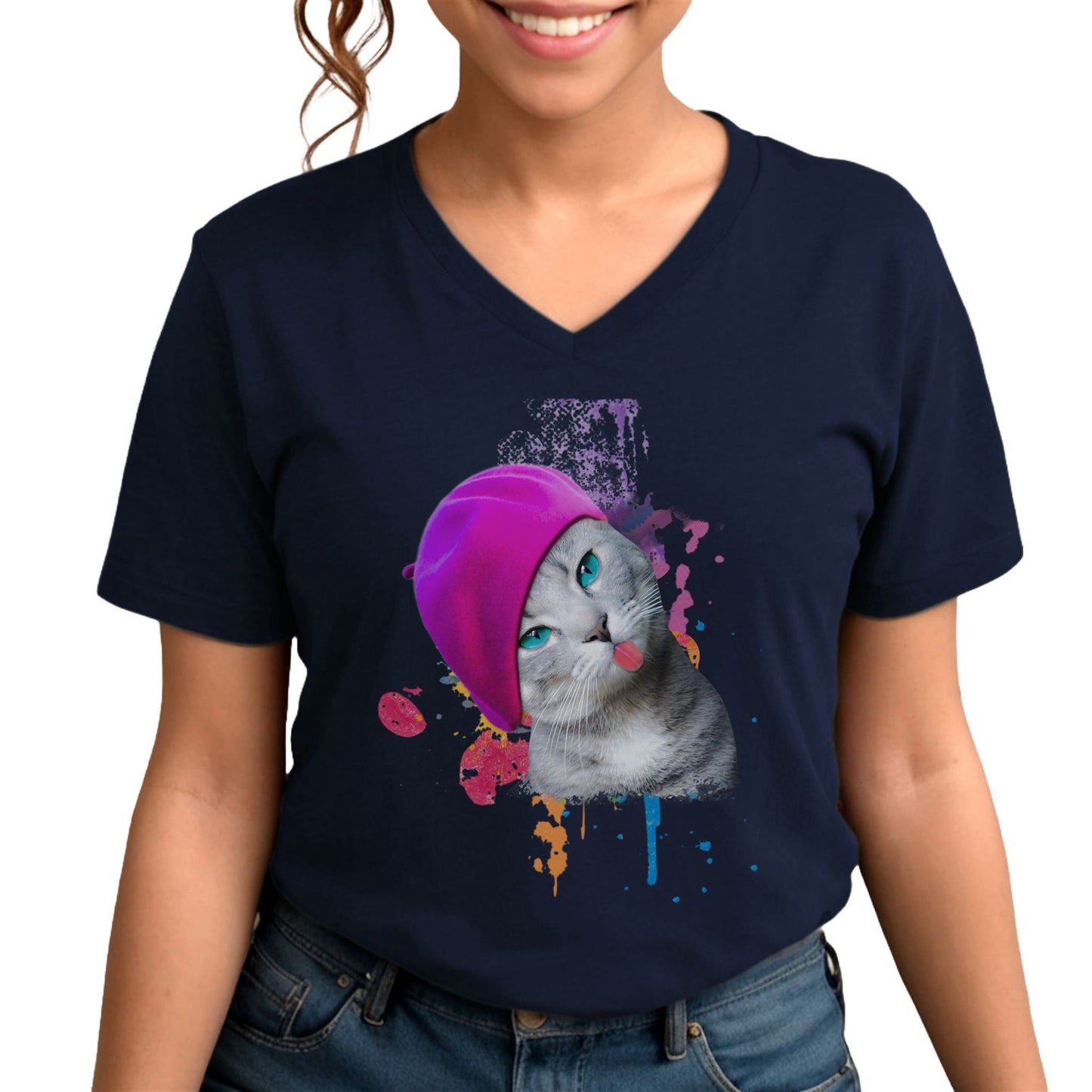 Navy Beret Girl Cat V-Neck T-Shirt Cat