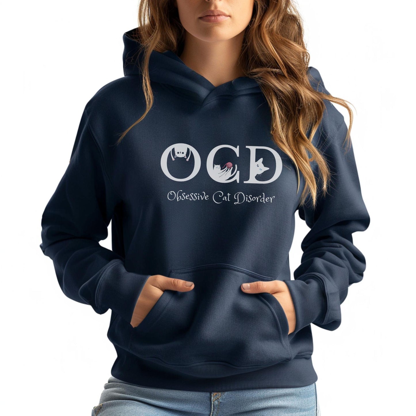 Navy OCD Cat Themed Unisex Hooded Sweatshirt