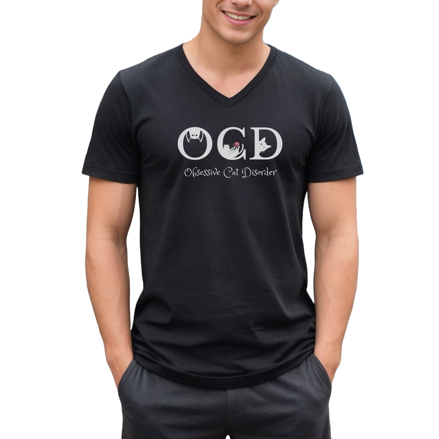 Black OCD Cat Themed V-Neck T-Shirt