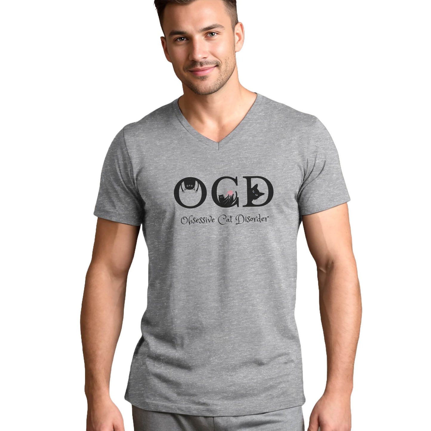 Heather Gray OCD Cat Themed V-Neck T-Shirt