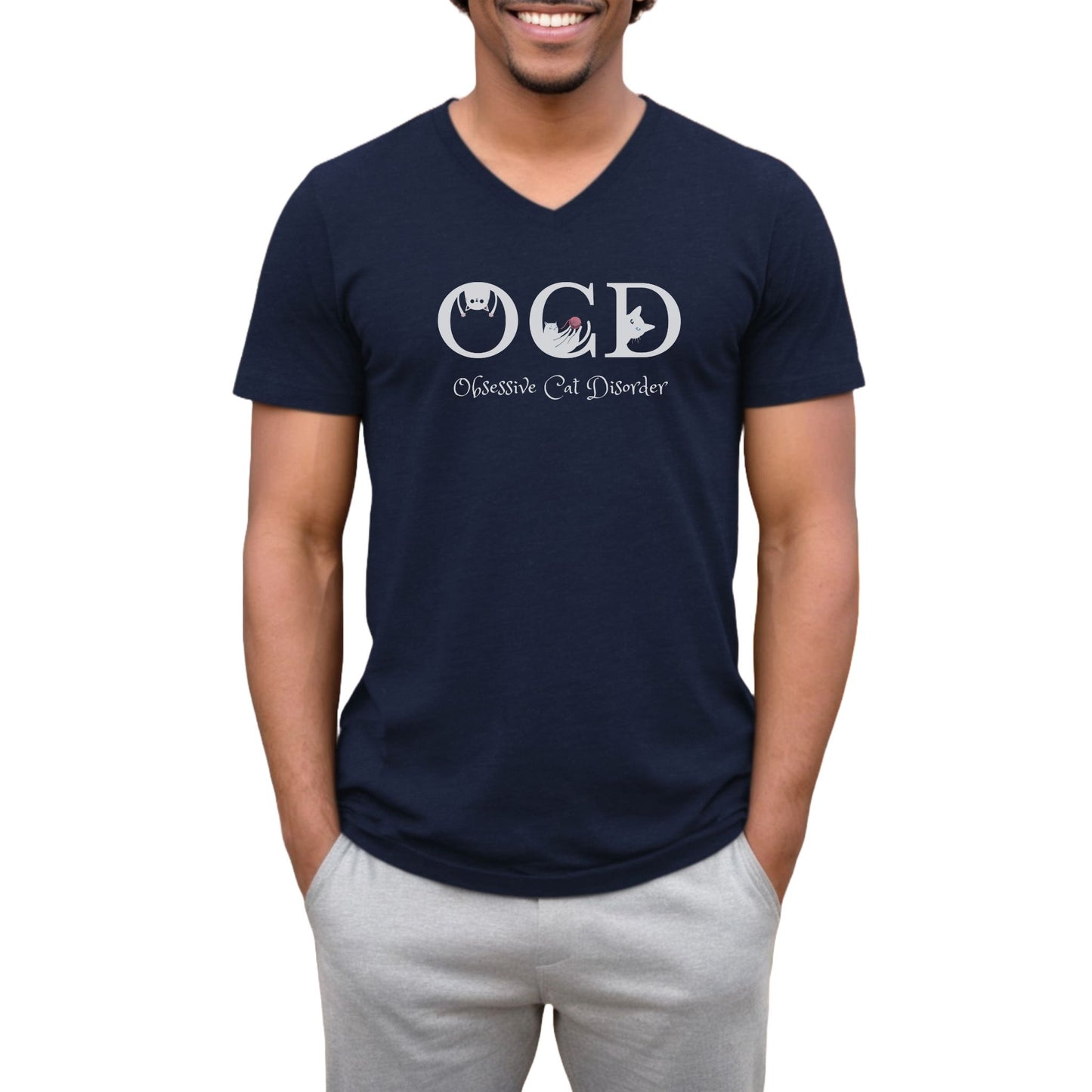 Navy OCD Cat Themed V-Neck T-Shirt