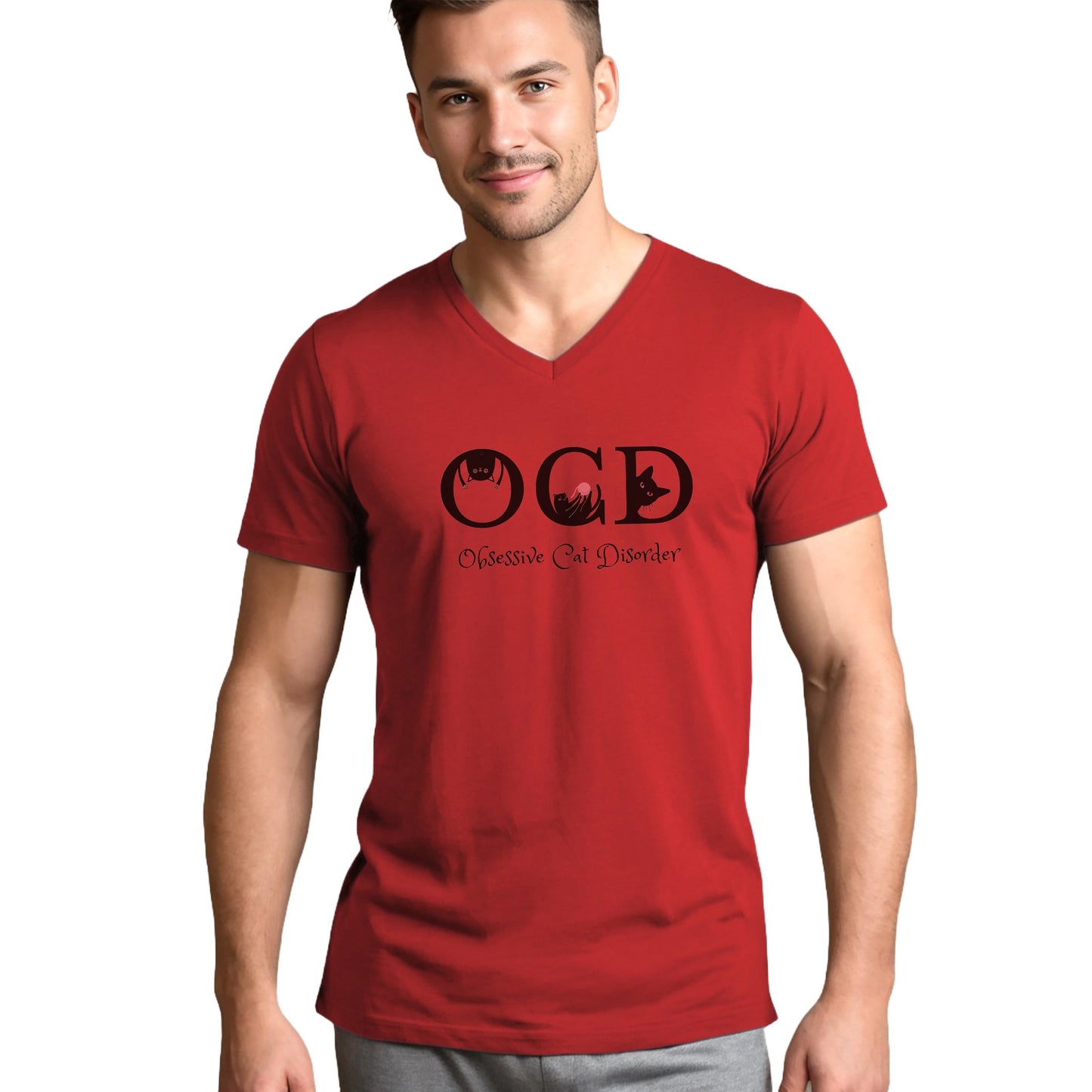 Red OCD Cat Themed V-Neck T-Shirt