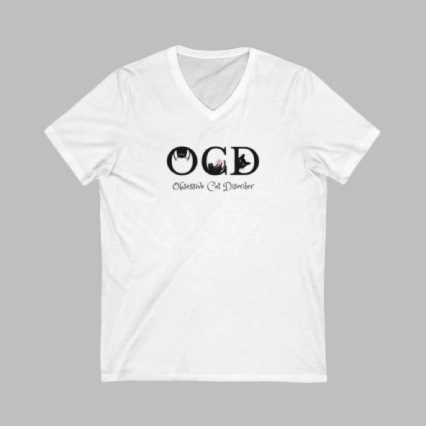 White OCD Cat Themed V-Neck T-Shirt