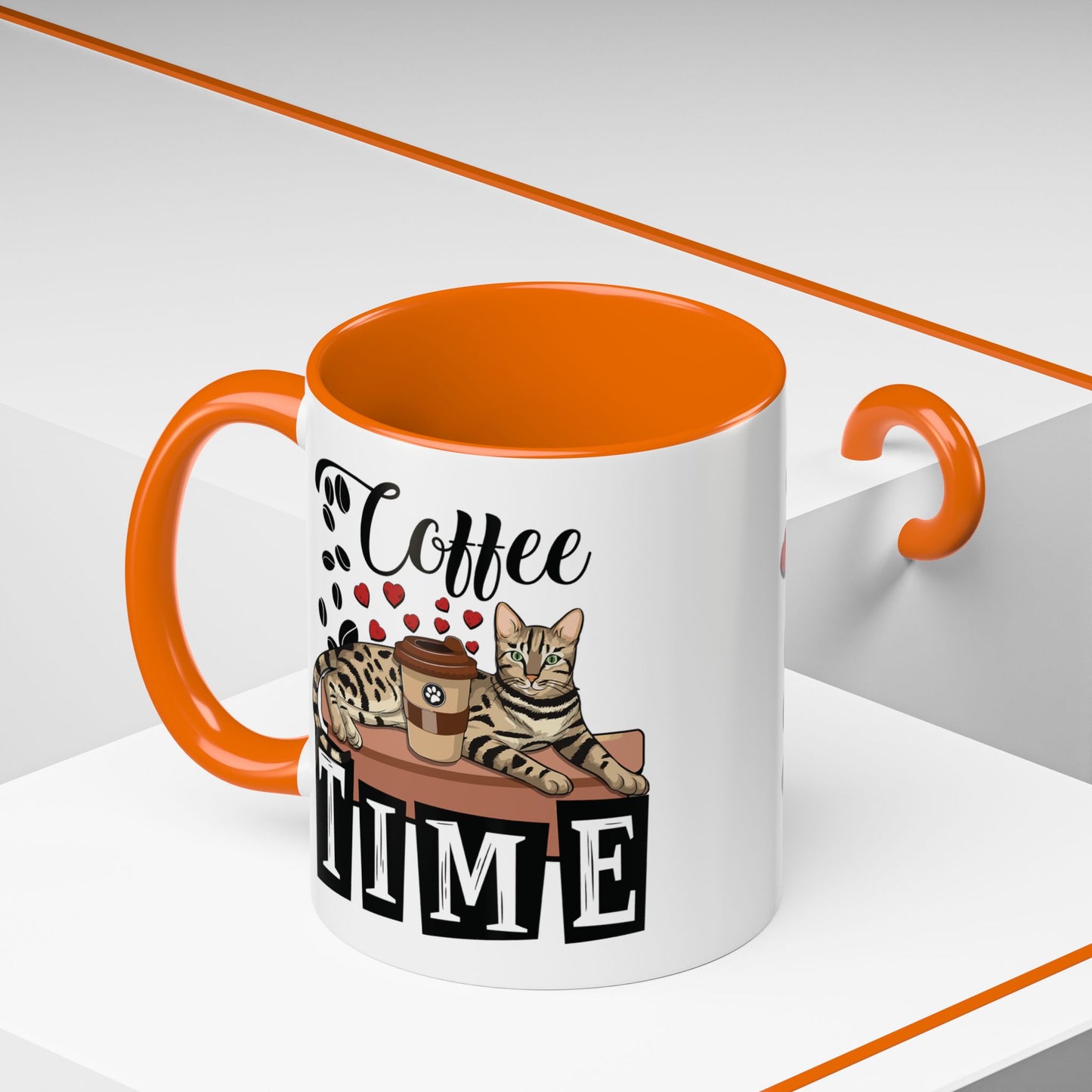 Orange mug with Bengal cat, coffee cup, coffee beans and love hearts design with the text "Coffee Time."