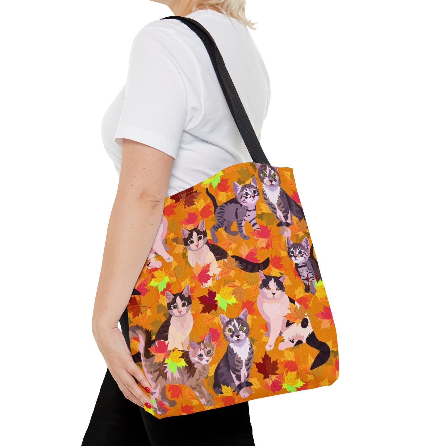 Orange Tote bag with illustrated cats and fall leaf theme
