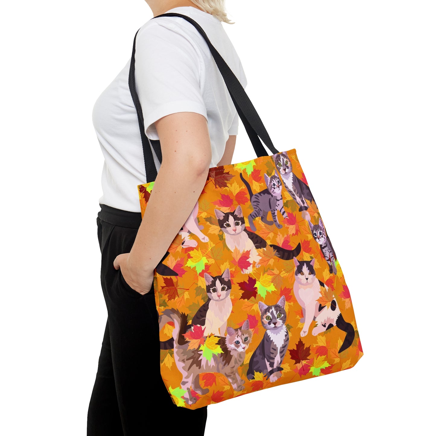 Orange Tote bag with illustrated cats and fall leaf theme