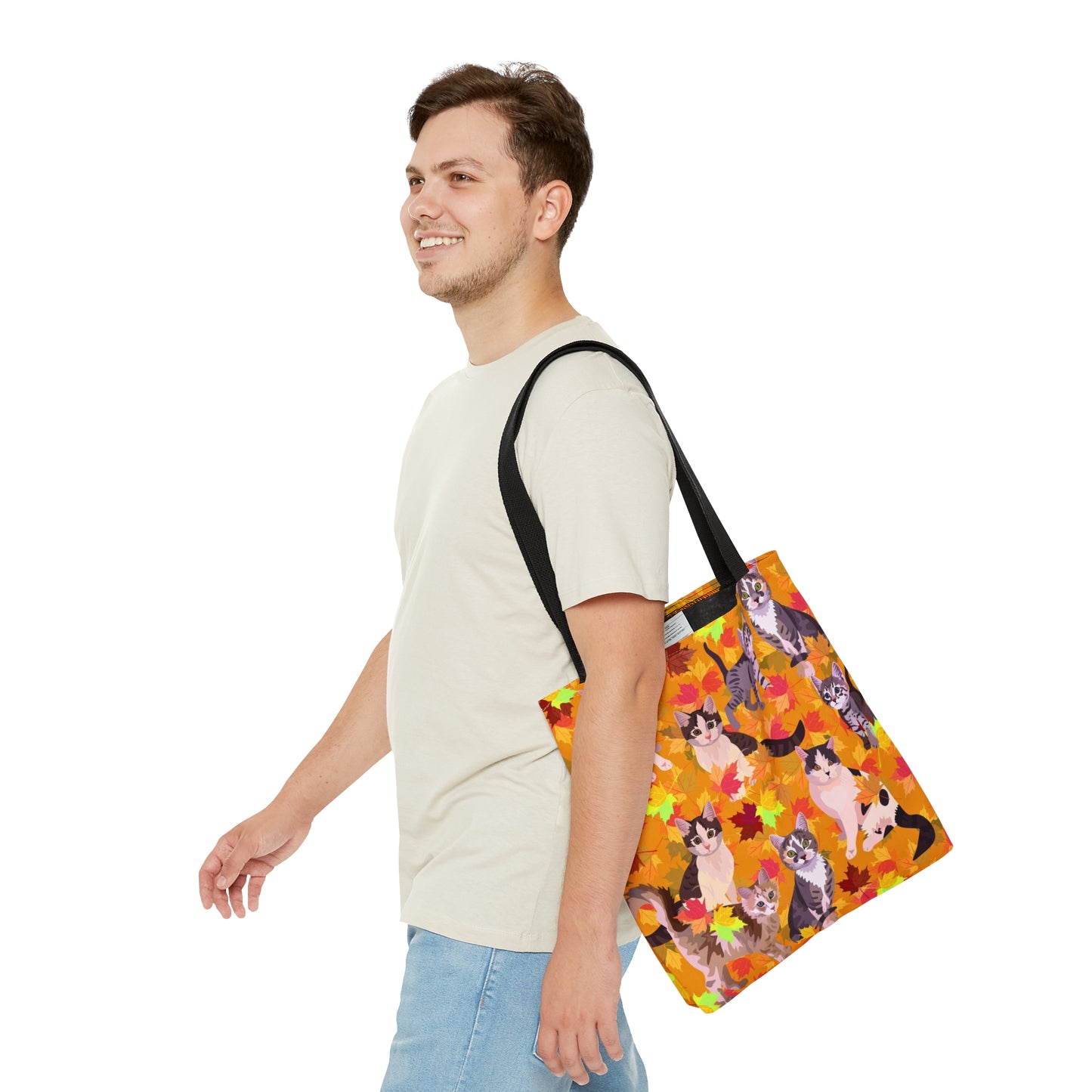 Orange Tote bag with illustrated cats and fall leaf theme