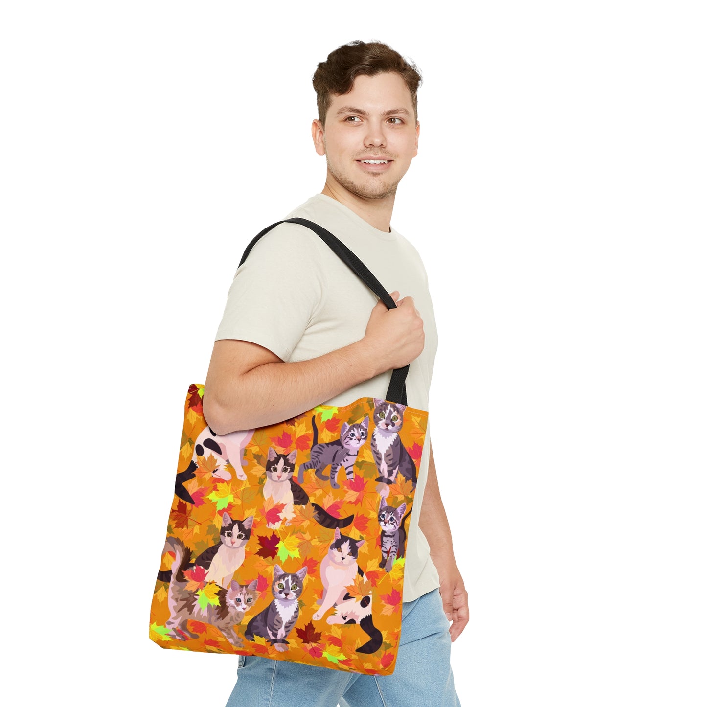 Orange Tote bag with illustrated cats and fall leaf theme