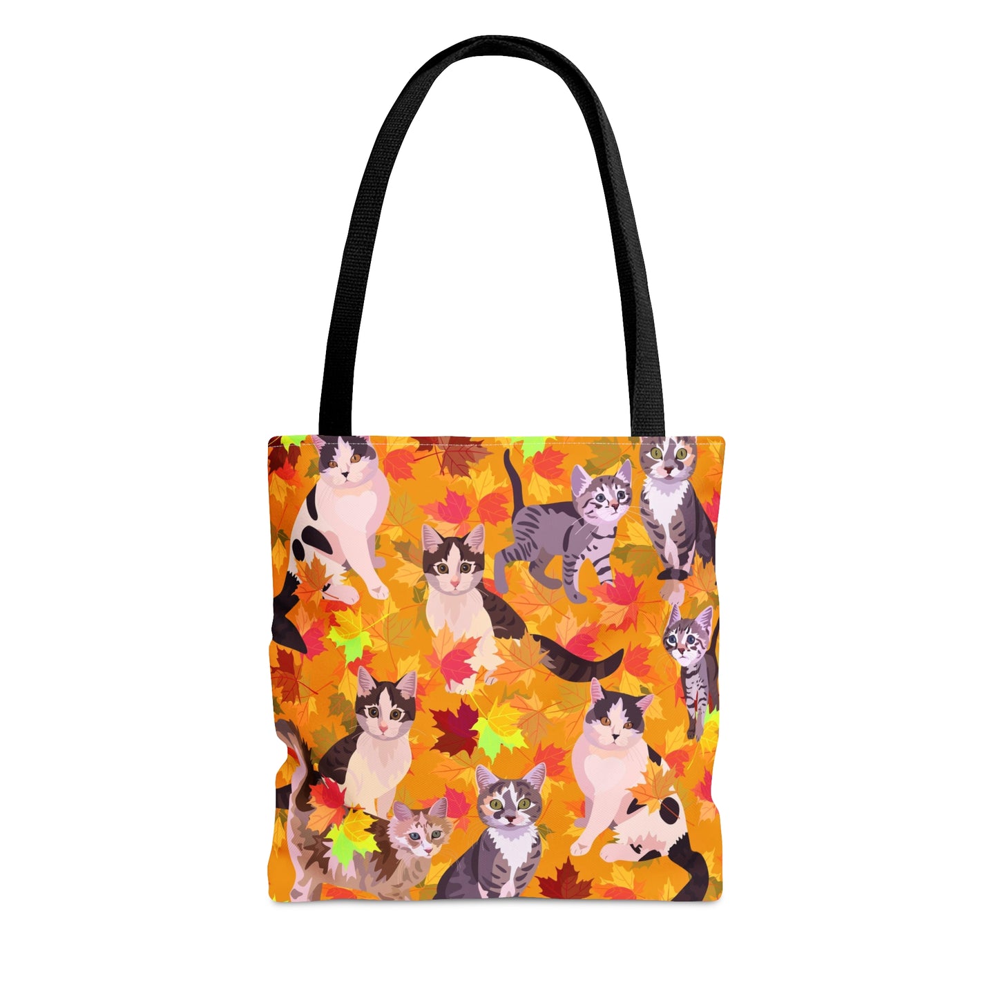 Orange Tote bag with illustrated cats and fall leaf theme