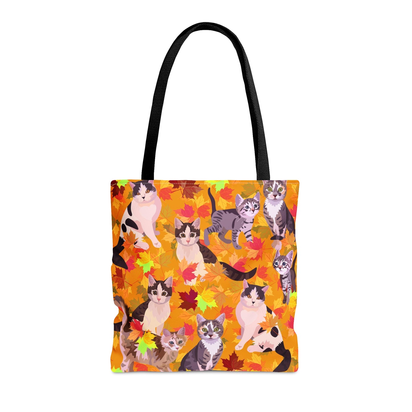 Orange Tote bag with illustrated cats and fall leaf theme