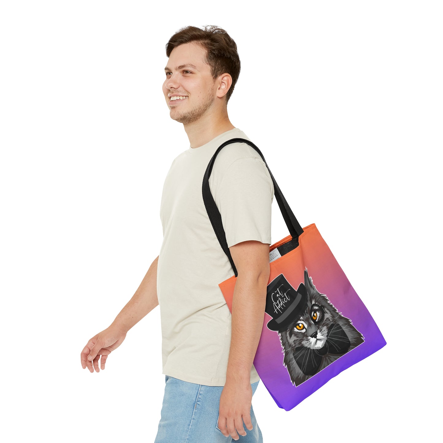 Orange & purple color Tote bag with an illustration of a Maine Coon cat wearing a top hat and the text 'Cat Addict.'