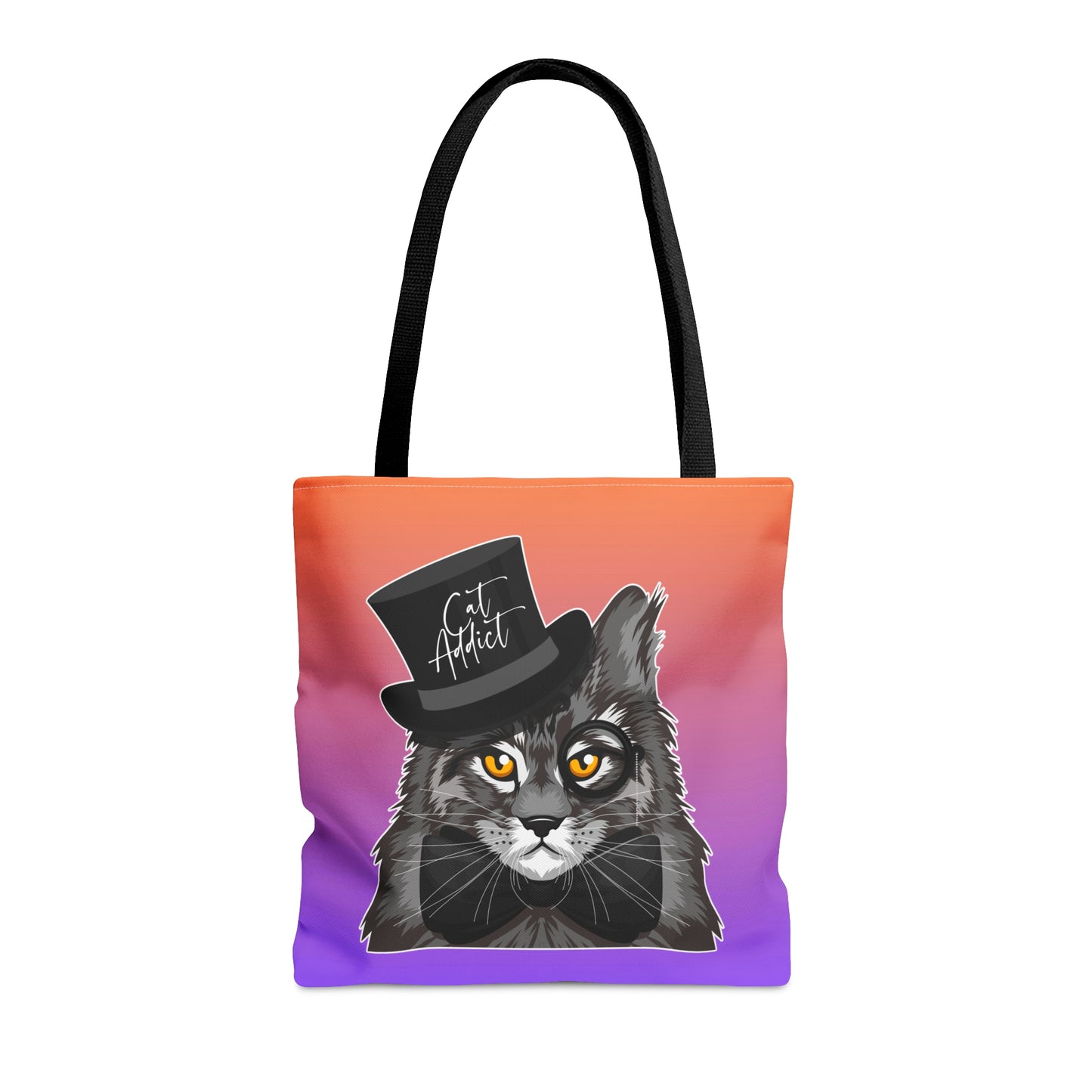 Orange & purple color Tote bag with an illustration of a Maine Coon cat wearing a top hat and the text 'Cat Addict.'