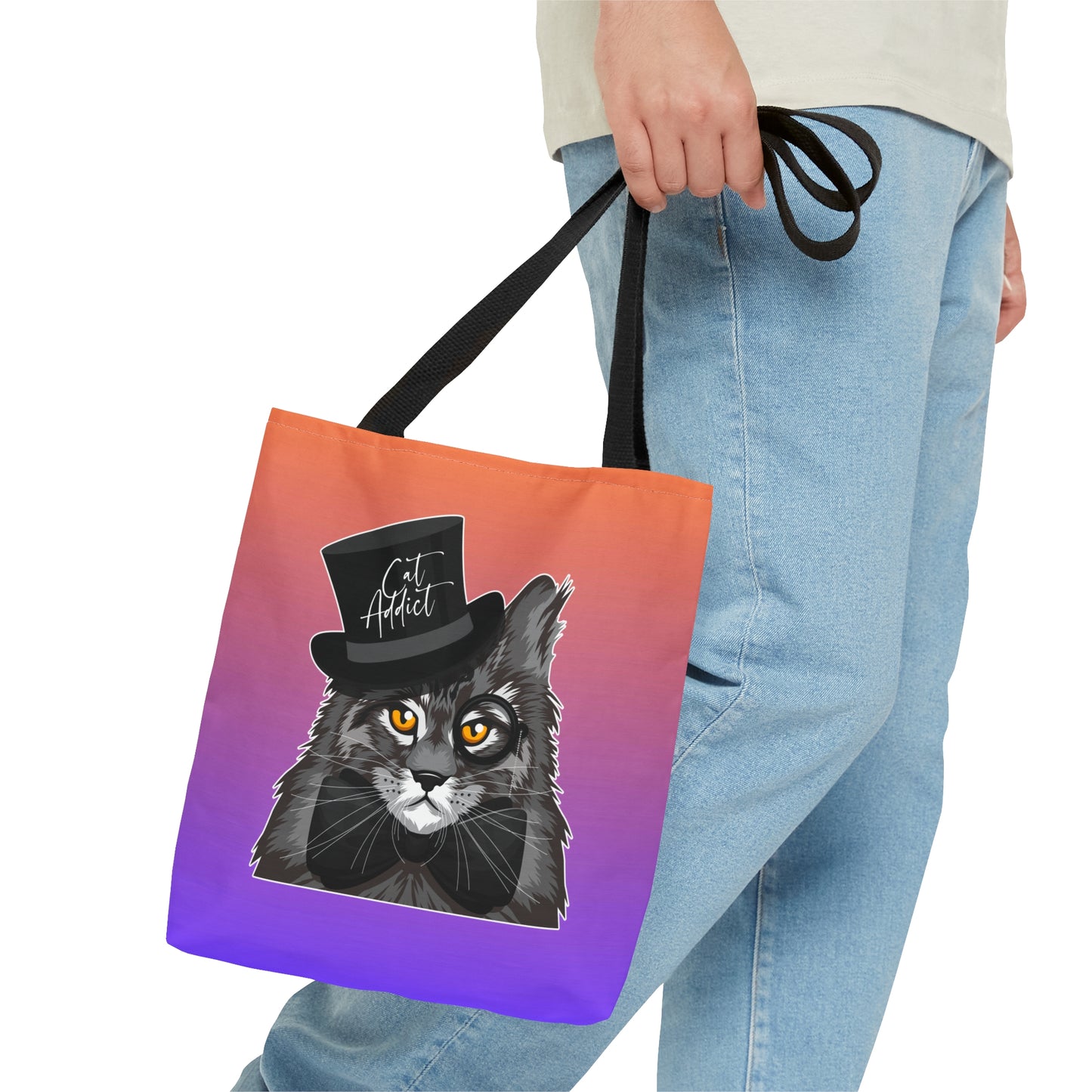 Orange & purple color Tote bag with an illustration of a Maine Coon cat wearing a top hat and the text 'Cat Addict.'