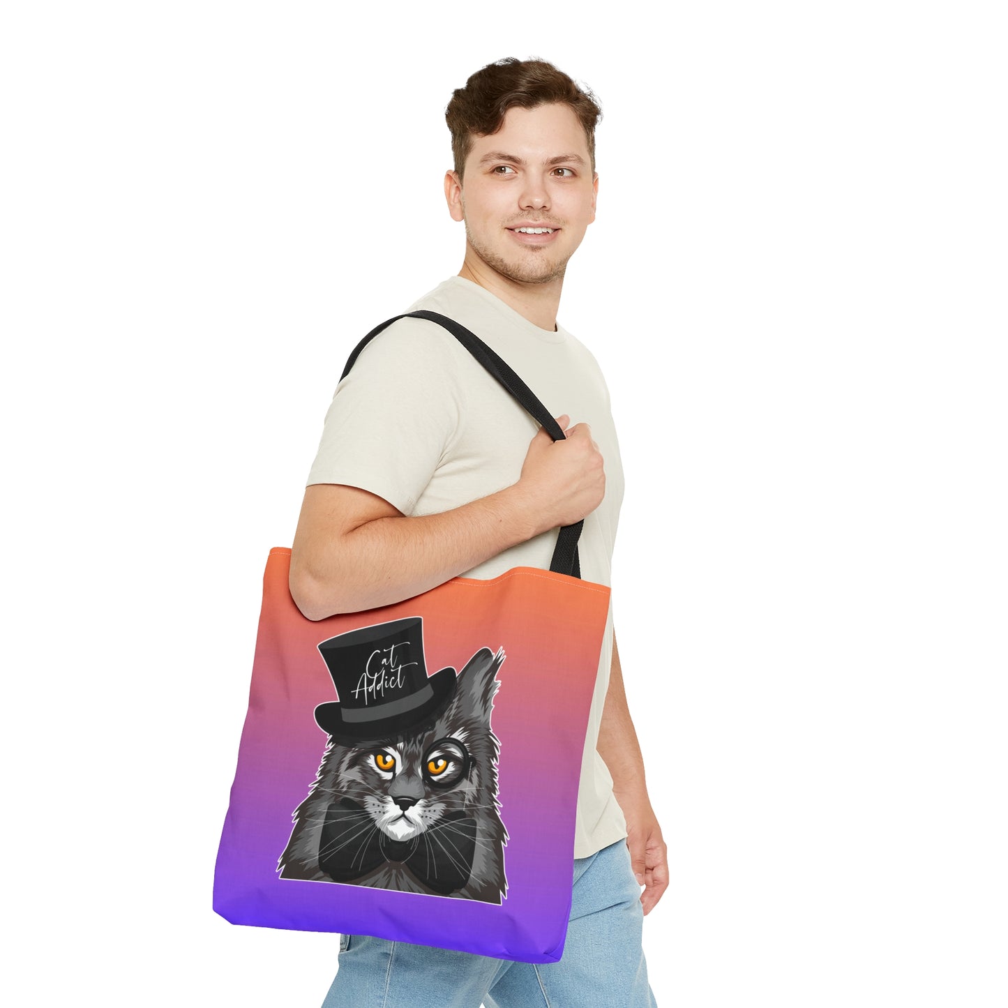 Orange & purple color Tote bag with an illustration of a Maine Coon cat wearing a top hat and the text 'Cat Addict.'