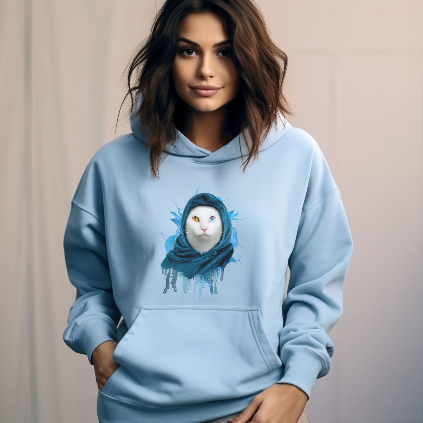 Pale Blue Headscarf Cat Themed Hooded Sweatshirt Unisex