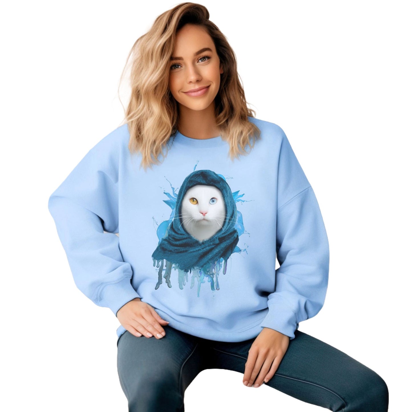 Pale Blue Headscarf Cat Themed Crewneck Unisex Sweatshirt