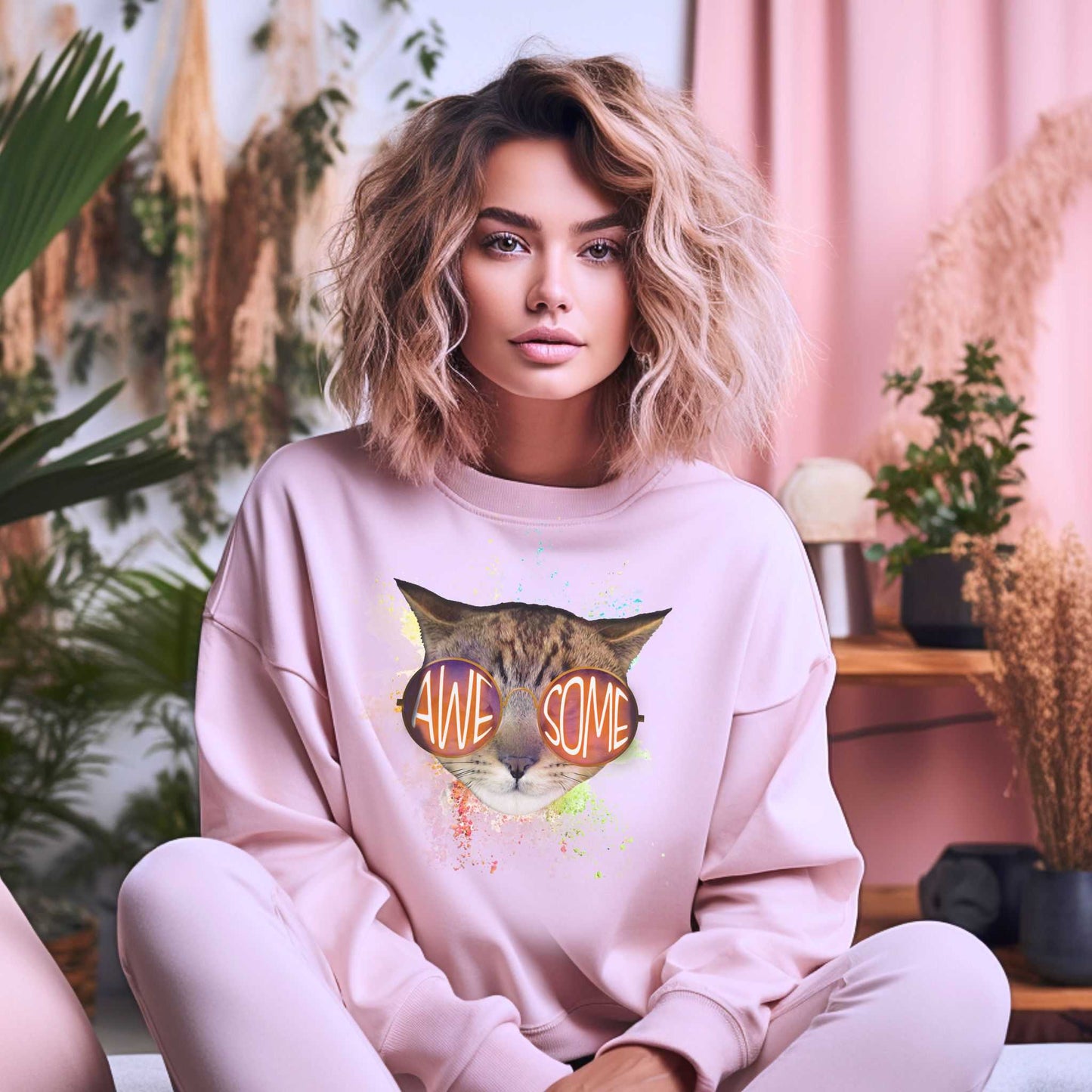 Pale Pink Awesome Crewneck Unisex Sweatshirt Cat Theme