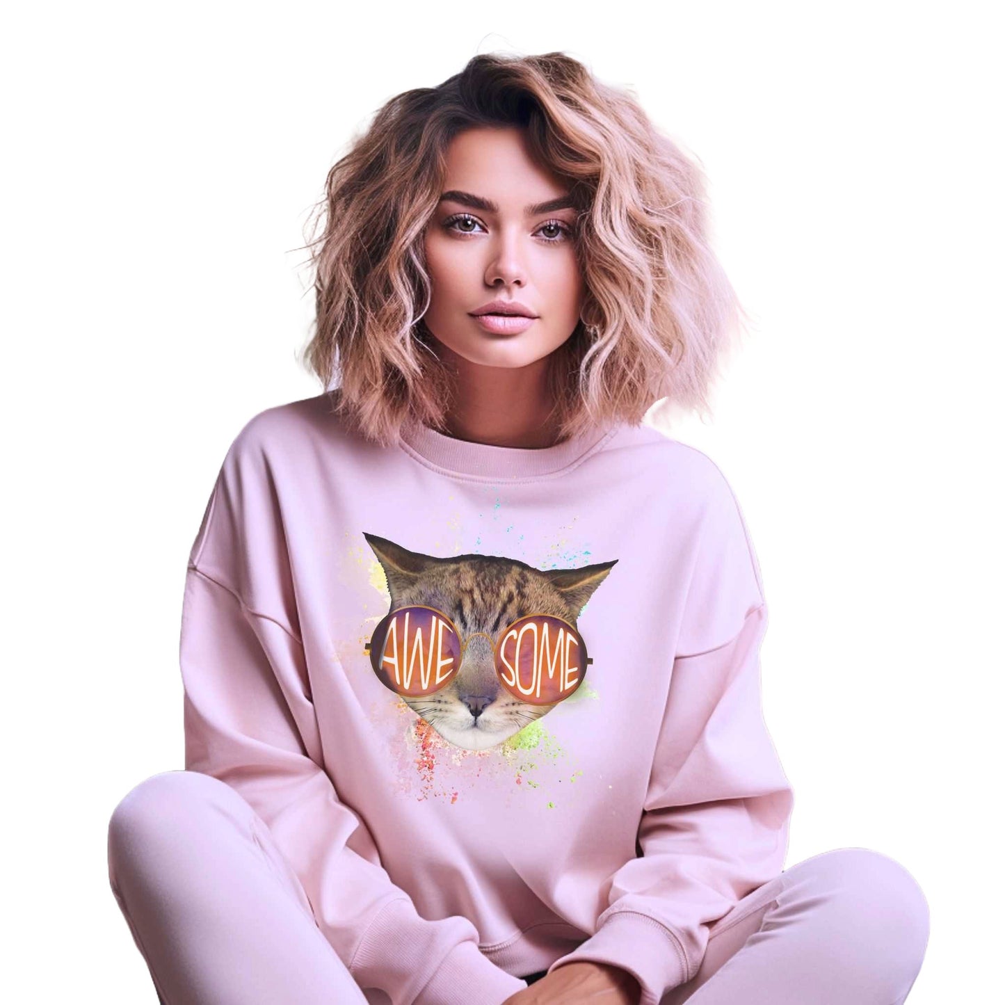 Pale Pink Awesome Crewneck Unisex Sweatshirt Cat Theme