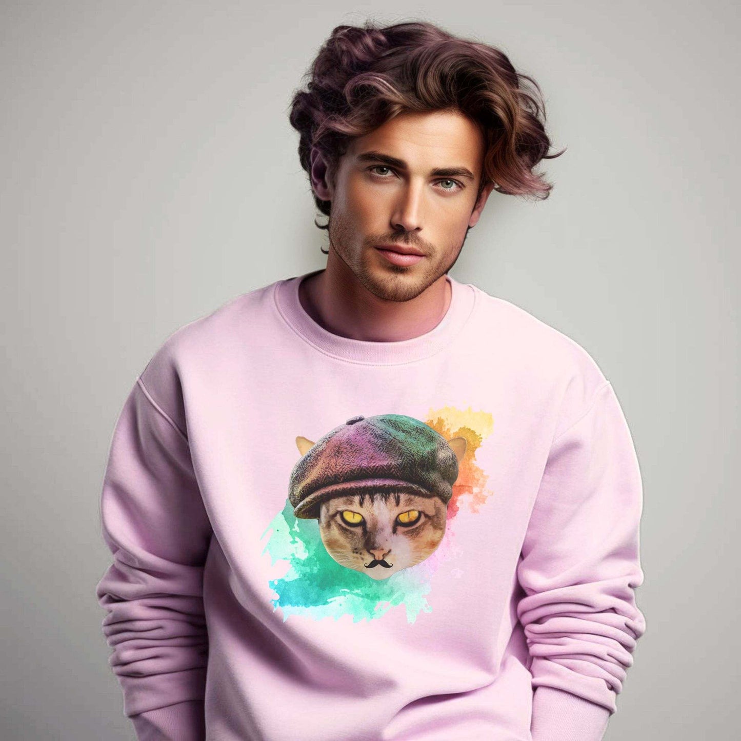 Pale Pink Baker Boy Cat Themed Crewneck Unisex Sweatshirt