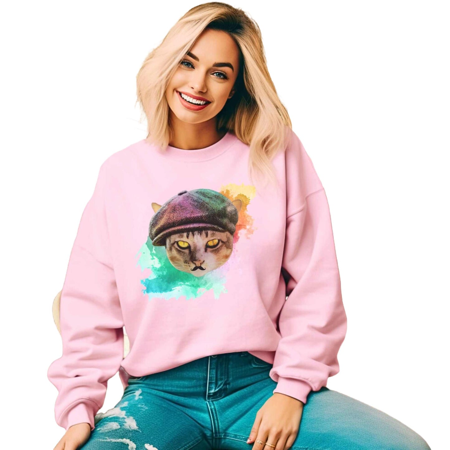 Pale Pink Baker Boy Cat Themed Crewneck Unisex Sweatshirt