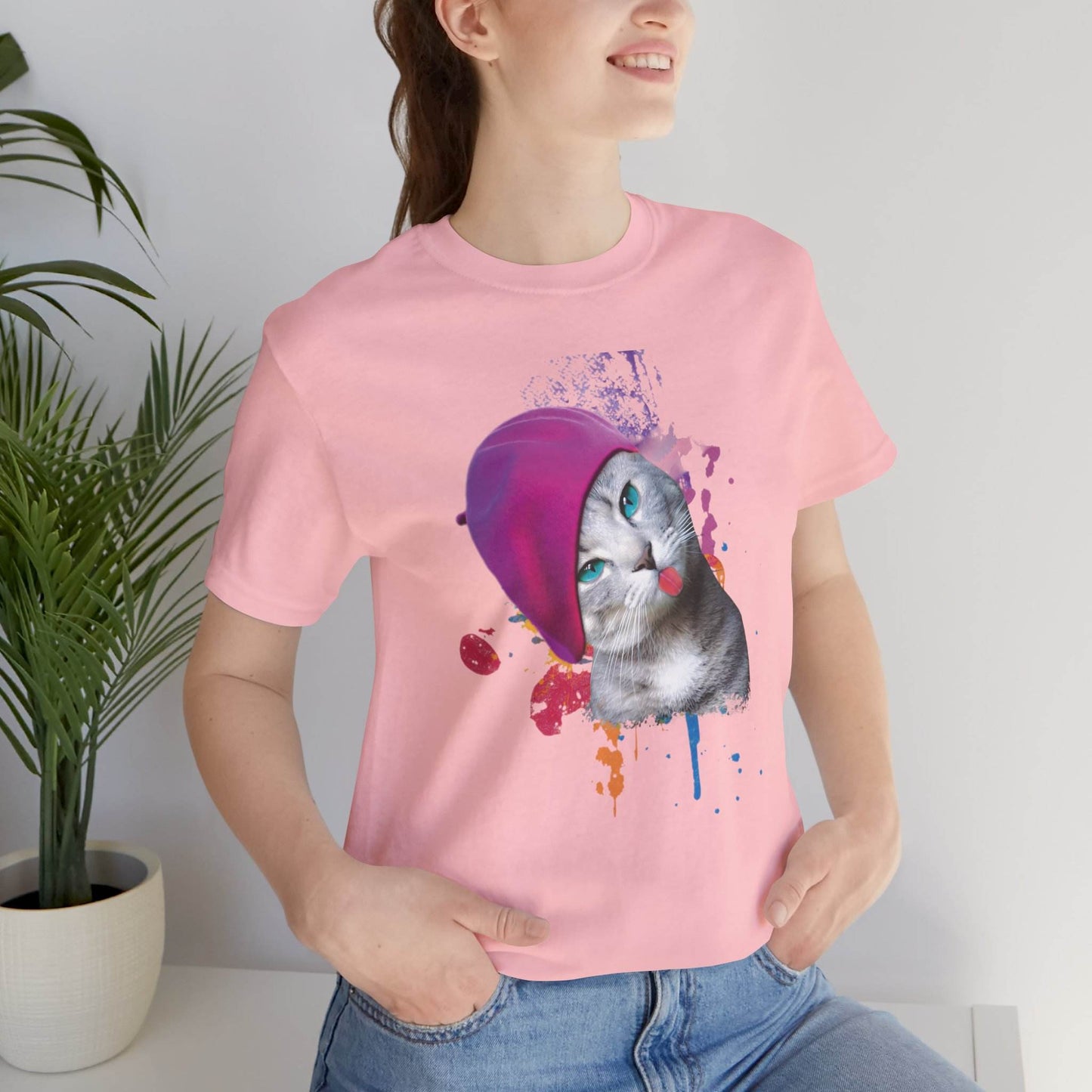 Pink Beret Girl Cat T-Shirt Unisex Crew Neck