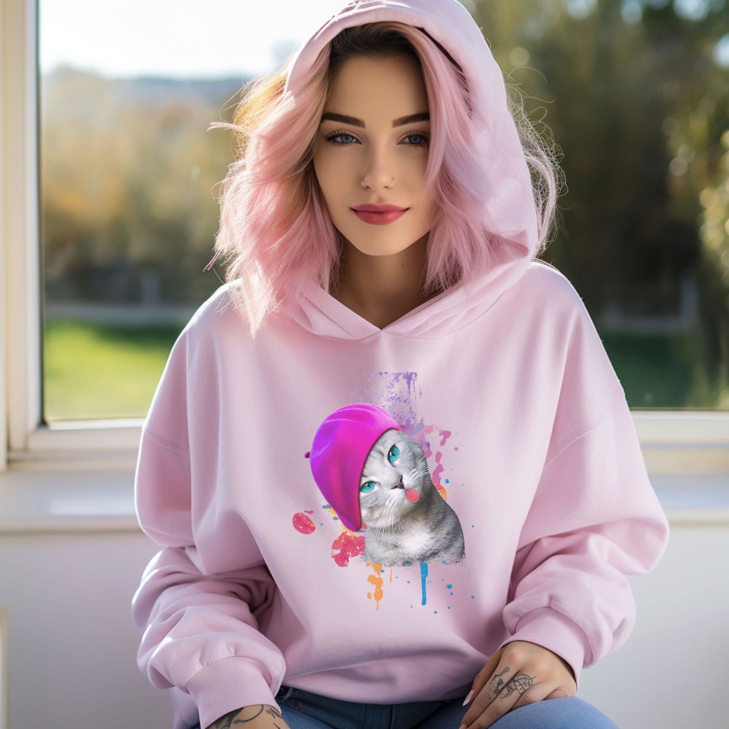 Pale Pink Beret_Girl_Cat_Themed_Hooded_sweatshirt