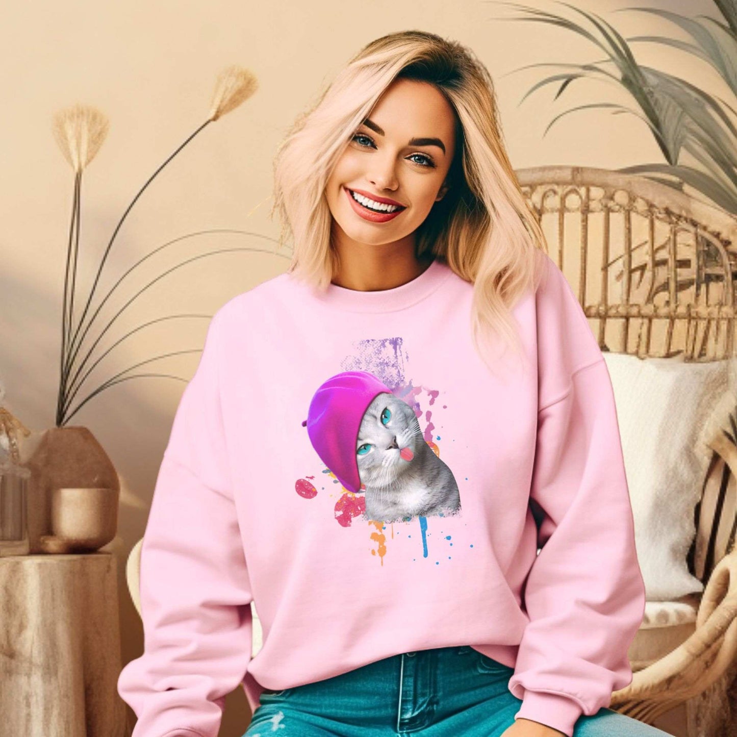 Pale Pink Beret Girl Cat themed Unisex Sweatshirt