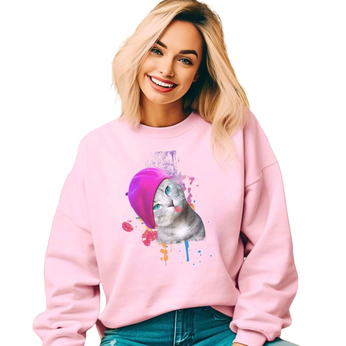 Pale Pink Beret Girl Cat themed Unisex Sweatshirt